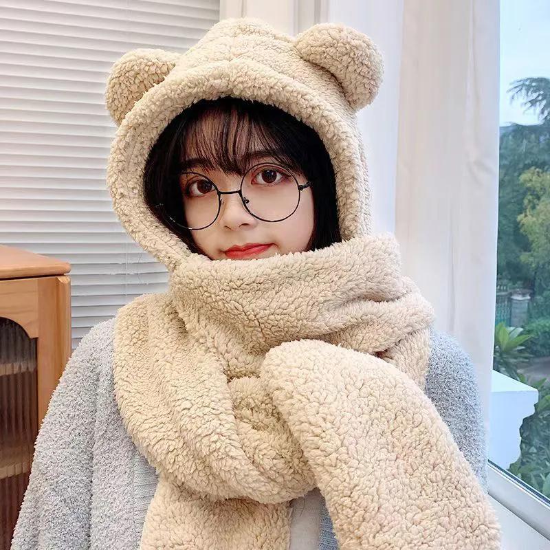 Hat Scarves Cashmere Warm Winter Scarf Pockets Glovers All In One Women Fashion Shawls Cat Ear Cute Kawaii Winter Scarfs