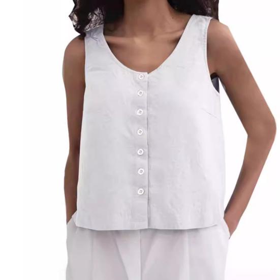 Женский летний жилет с круглым вырезом, свободные топы без рукавов, однотонные топы с планками на пуговицах, уличная одежда