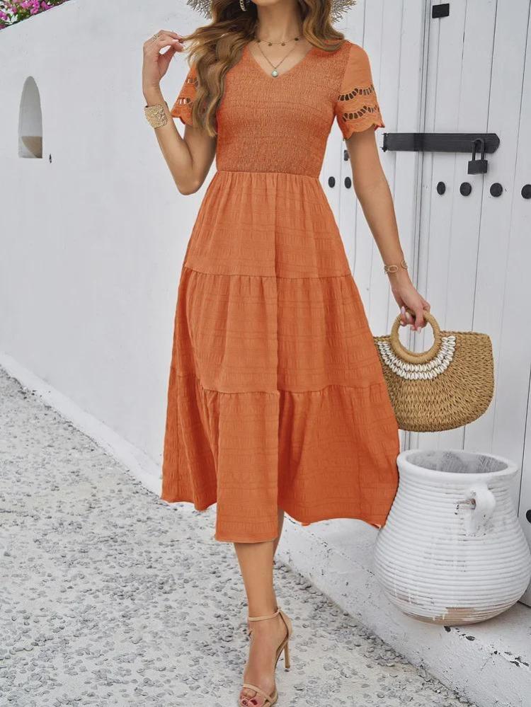 Весна Лето 2024 Женское платье с V-образным вырезом, коротким рукавом, однотонное, в европейско-американском стиле, Diyun