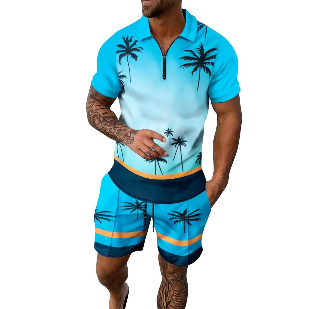 Мужской летний костюм с короткими рукавами и короткими шортами на молнии с принтом, мужской повседневный спортивный костюм