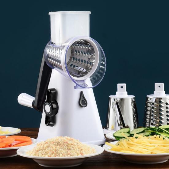 Kitchen Vegetable Slicer with 3 Replaceable Stainless Steel Blades Manual Rotary Cheese Grater with Handle Multifunctional Vegetable Chopper