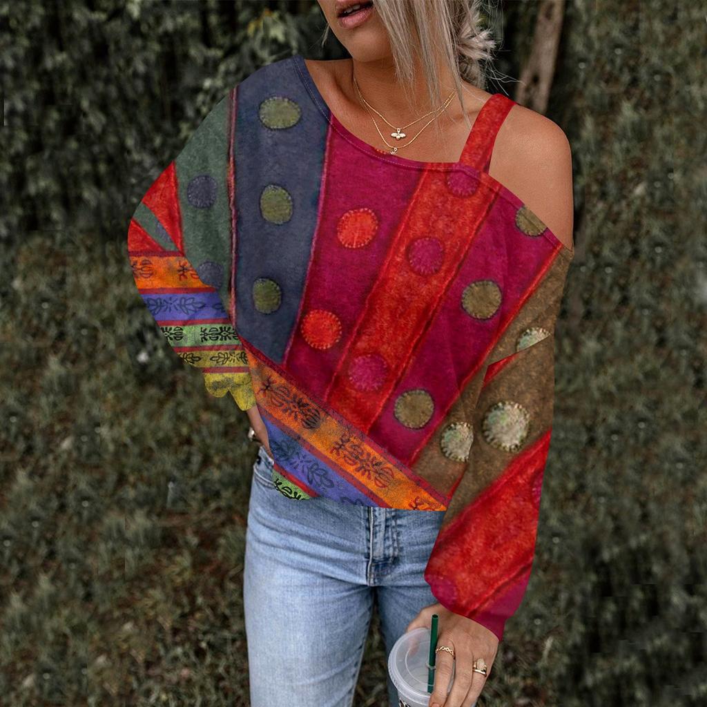 Women's Hollowed Out Fashionable Casual Floral Print Off Shoulder Hoodie Top