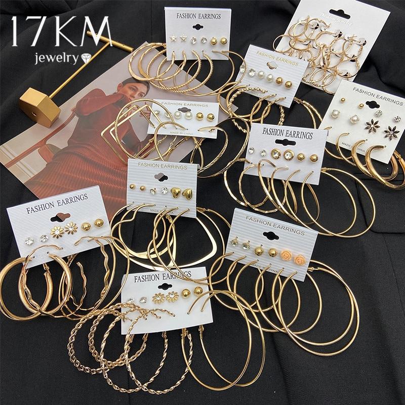 17KM Vintage Geometirc Metal Hoop Earrings Set, Women's Gold and Silver Color Circle Hoop Earrings Jewelry Gifts