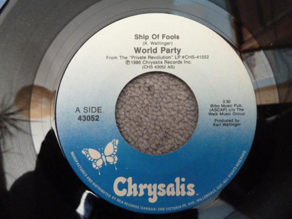 7-дюймовая пластинка WORLD PARTY Ship Of Fools CHS43052 Chrysalis 1986 Канада Рок Б/у