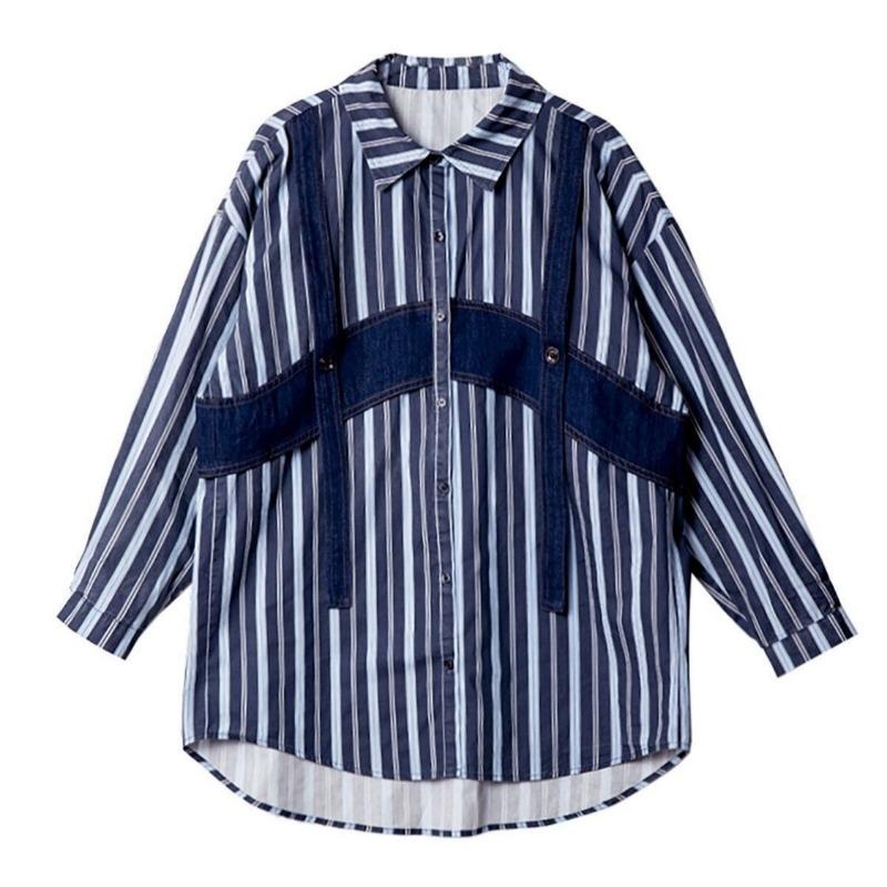 Модная джинсовая рубашка в стиле пэчворк для женщин с полосками, модный весенний дизайн в корейском стиле