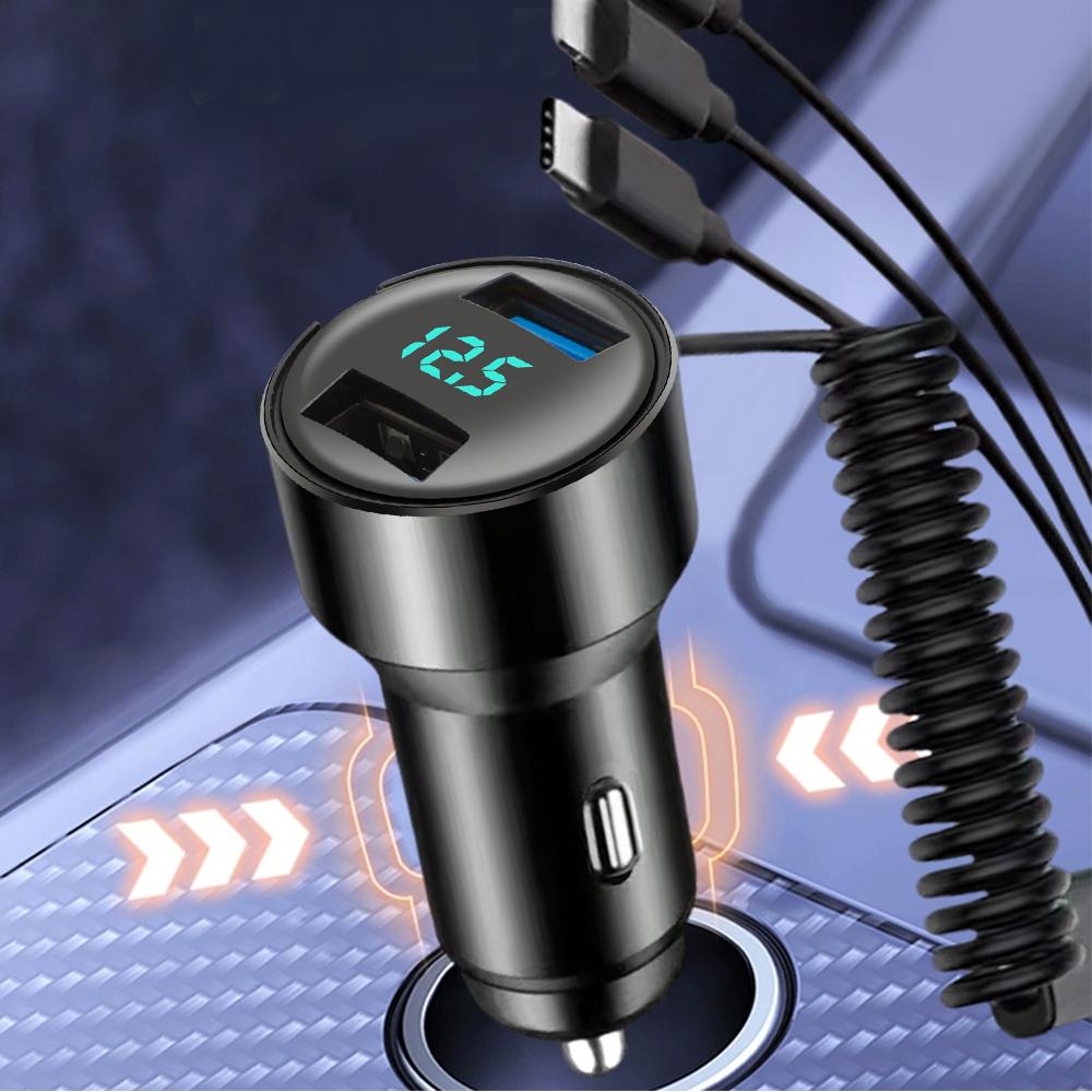 66W Car Phone Charger with Voltage Display Dual USB Fast Charging Adapter + 3 In 1 Stretchable Cable