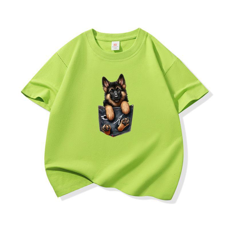 Kids Cotton T Shirt Cool Pocket German Shepherd Dog Print Crew Neck Short Sleeve Tee Casual Boys Girls Summer Tops