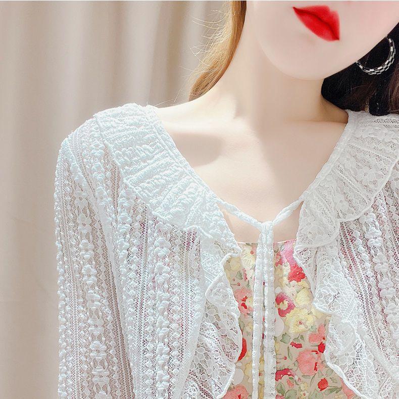 Wearing A Camisole Skirt Over A Cover Up and Lace Shawl Summer Sun Protection Cardigan Thin and Short Lace Up Hollowed Out Jacket