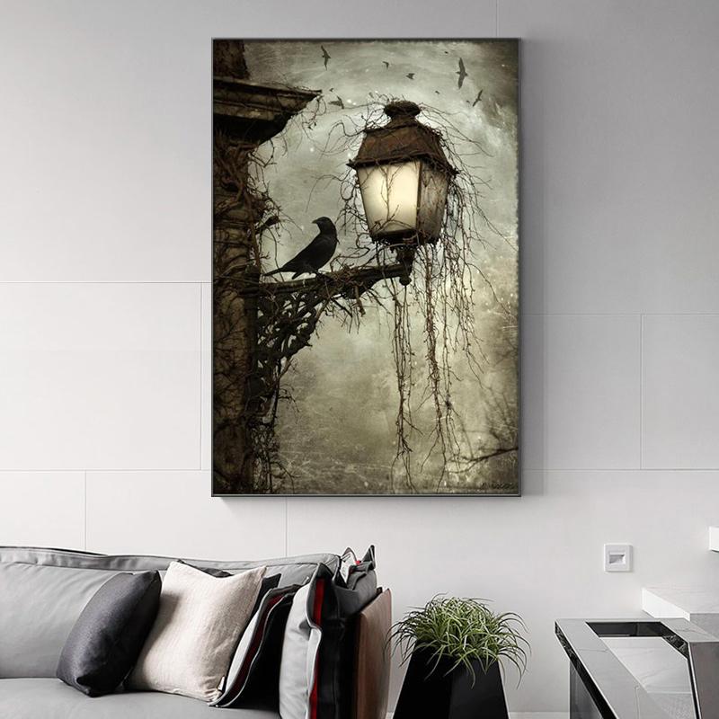 Винтажная лампа с черной вороной, холст, картины, постеры и принты на Хэллоуин, настенные художественные картинки для украшения стен гостиной, Cuadros