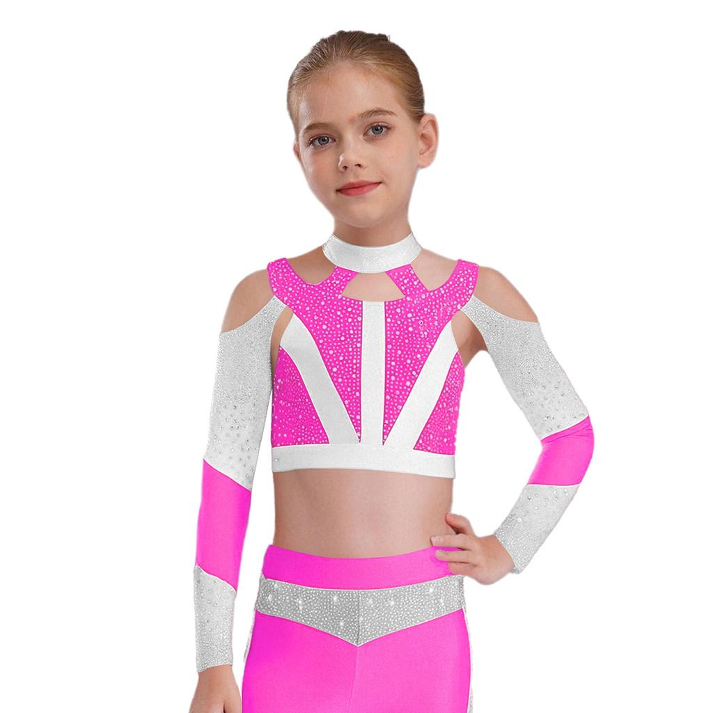 Girls Gymnastics Dance Top Long Sleeve Shiny Rhinestone Color Block Cross Back Cutout Crop Top