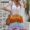 Plus Size Summer Holiday Cover Up Women's Clashing Colour Splicing Wave Pattern Woven Shirt Sexy Hollow Out Beach Dresses