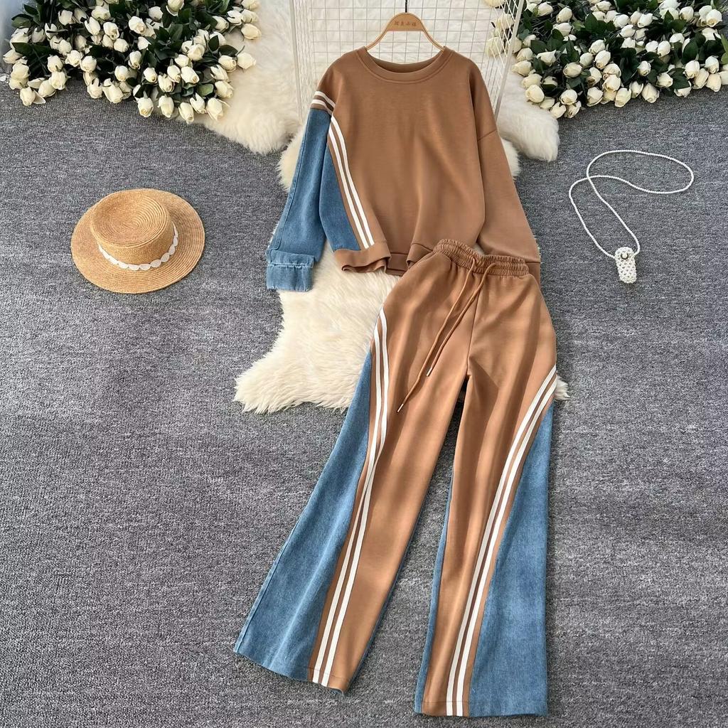 Autumn Spring Casual Sports Suits Women O-Neck Basic Tops+Drawstring Long Pants Denim Splice Korean Style Sporty 2pcs Sets