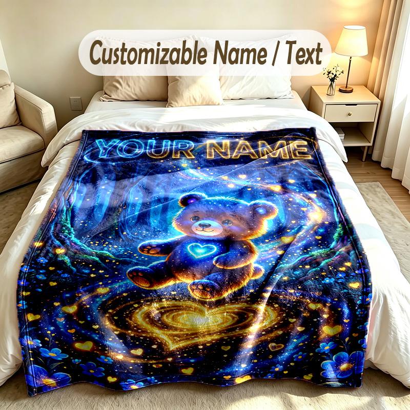 Teddy Bear Theme Custom Blanket Personalized Name & Text Customized Soft Warm Throw Blanket Home Decor
