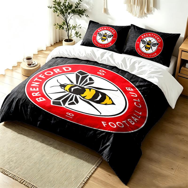 Brentford FC 3pc Duvet Cover Set Simple Modern Bedding Set Wrinkle Resistant Soft Fabric All Season Use a perfect gift