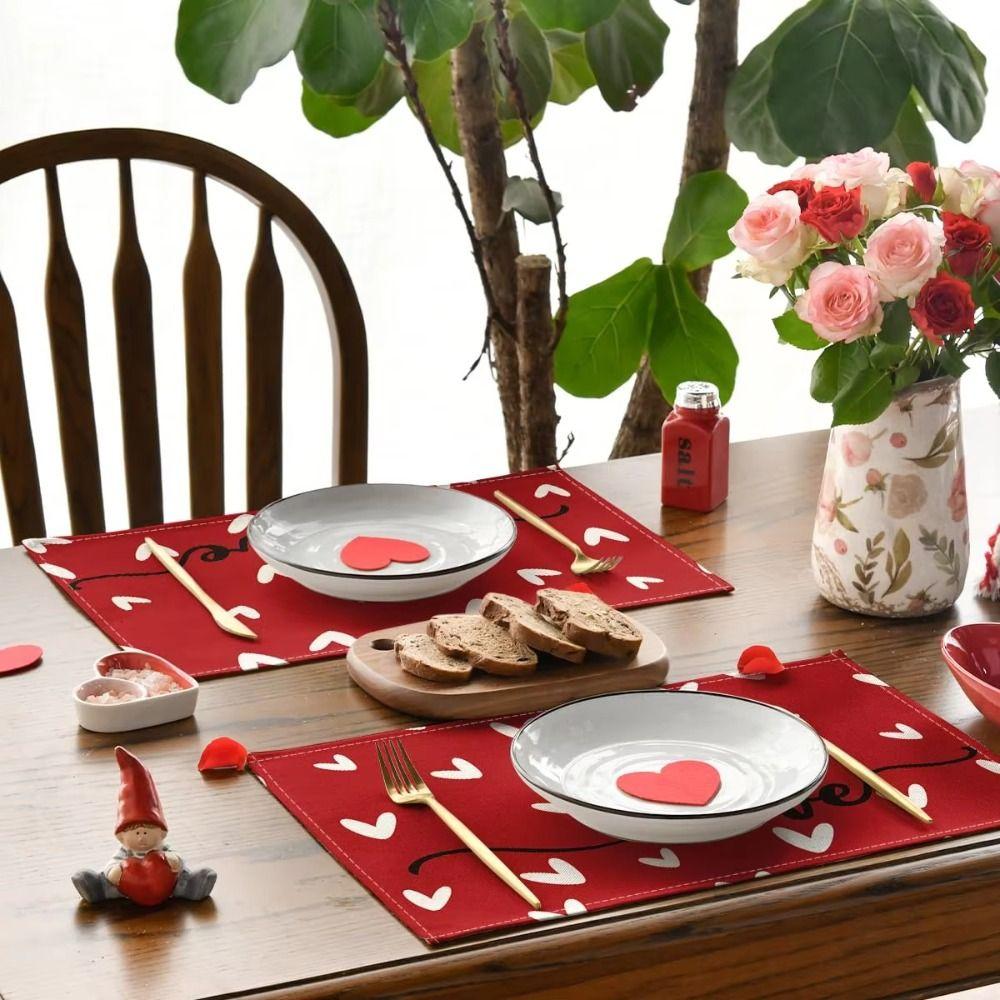 4Pcs 30x45cm Red Love Hearts Table Mats Linen Dining Table Mat Farmhouse Burlap Placemat  Kitchen