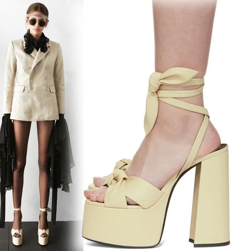 Модные босоножки на высоком каблуке с толстой платформой, женские летние босоножки с рыбьим ртом, женские туфли на высоком каблуке с бантом и ремешком на щиколотке для косплея