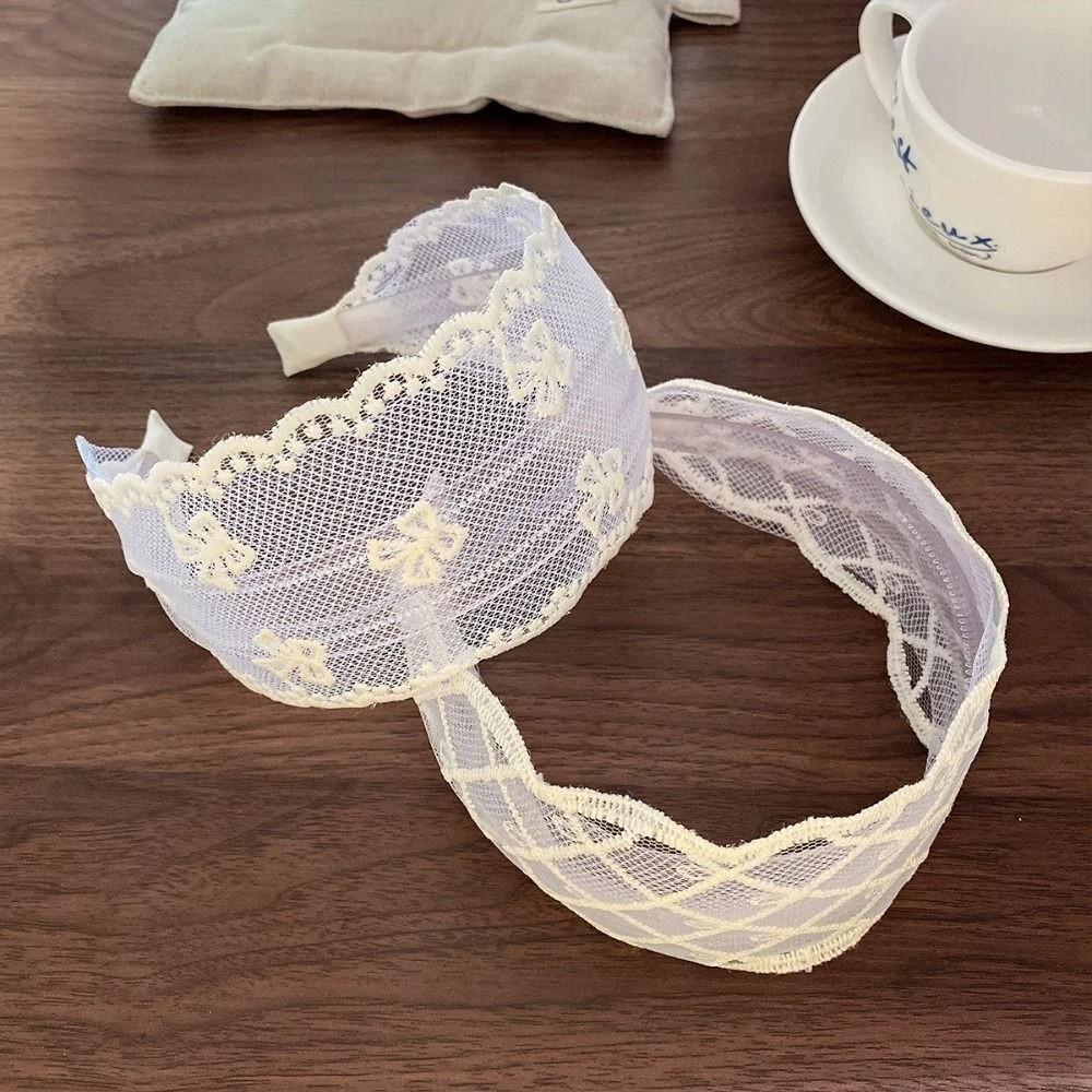 Bowknot Embroidery Lace Headband Wide Edges Mesh Hair Hoop All-match Bow Hair Band Girls