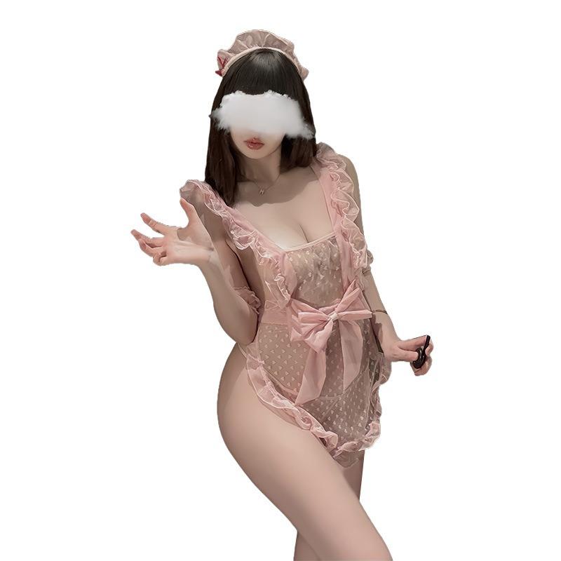 Sexy underwear polka dot lace suspender maid uniform temptation free thin perspective maid halter suit