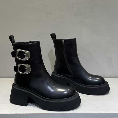 Модные новые однотонные ботинки для женщин с боковой молнией, зима 2024 года, высококачественные женские ботильоны с двойной пряжкой и резиновой подошвой