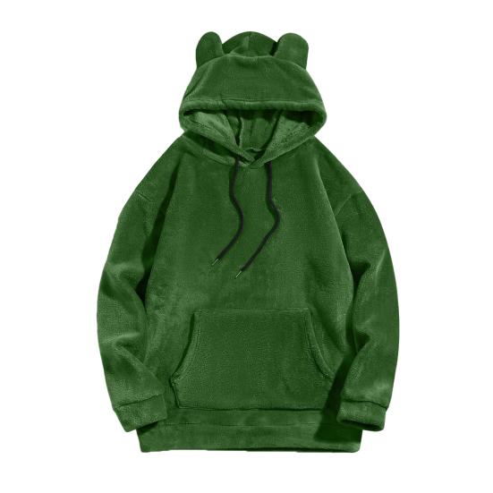 Зимняя мужская толстовка с капюшоном с декором в виде мультяшных ушей, двухсторонний бархат с большим передним карманом, свободная длинная