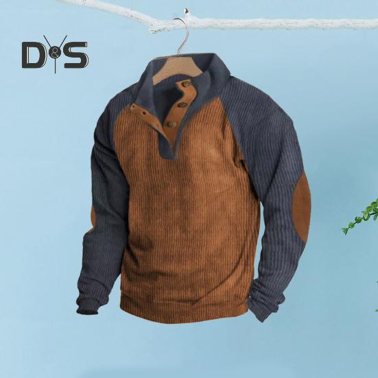 Весна Осень Мужская Толстовка Цветные Блоки Пэчворк Ретро Стиль Полуоткрытый Воротник-стойка Топ Плюс Размер Свободный Длинный Рукав Топ Повседневная Жизнь Офис