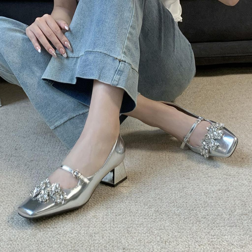 French Rhinestone Premium Sense One Word with Mary Jane Shoes Women's Square Head Thick Heel Medium Heel Light Mouth Single Shoes