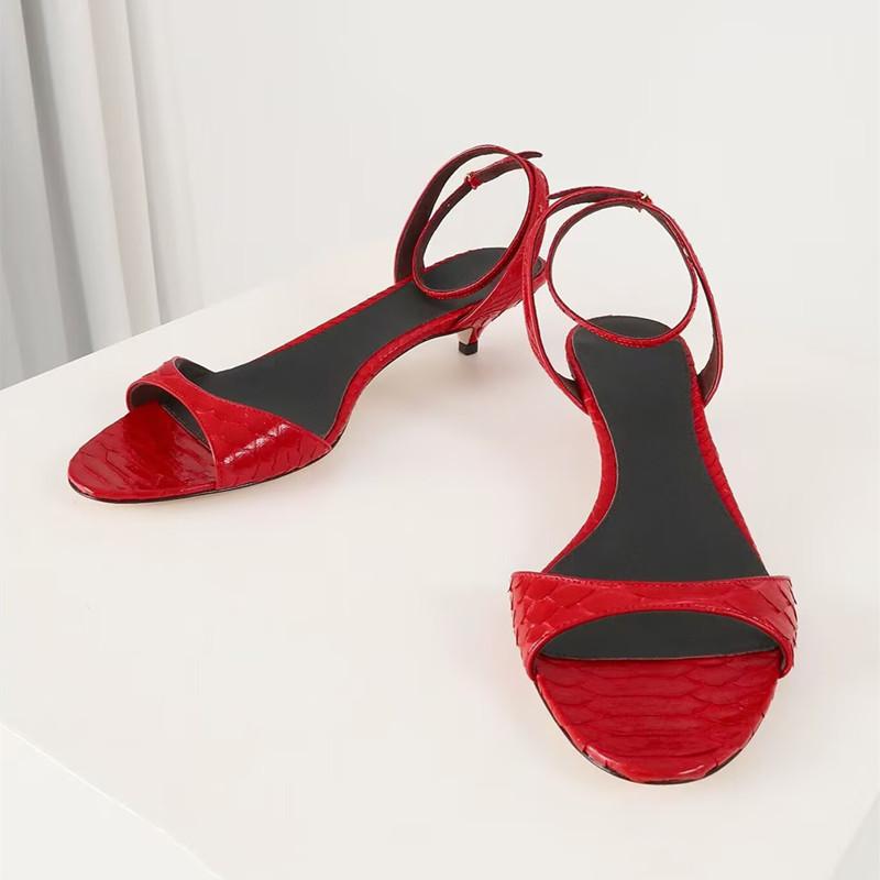 Fashion Concise Kitten Heel Ankle Strap Buckle Sandals Women Sexy Peep Toe Low Heel Elegant Leather Pattern Design Party Wedding Shoes