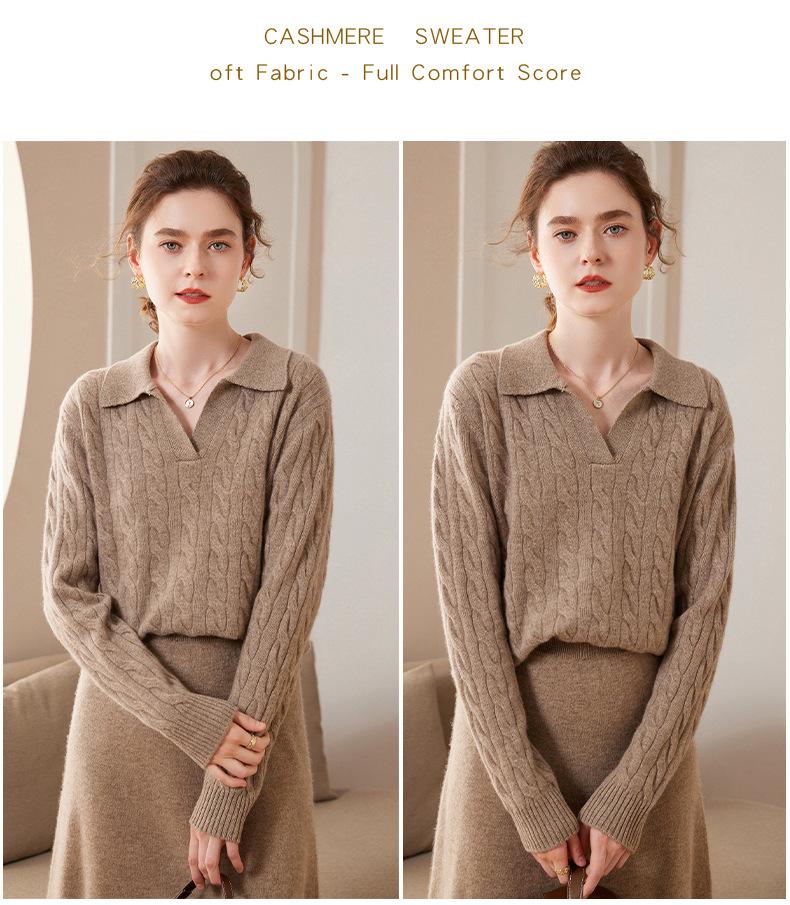 2023 Autumn Winter Women's Cashmere Polo Sweater: Versatile Retro Lapel Knit, Loose Cable Knit Base Layer