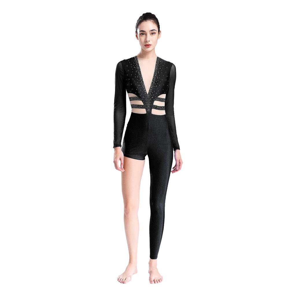 Womens Dance Jumpsuit Sheer Mesh Inserts Long Sleeve Style Keyhole Back Detail Sparkling Rhinestones Bodysuit