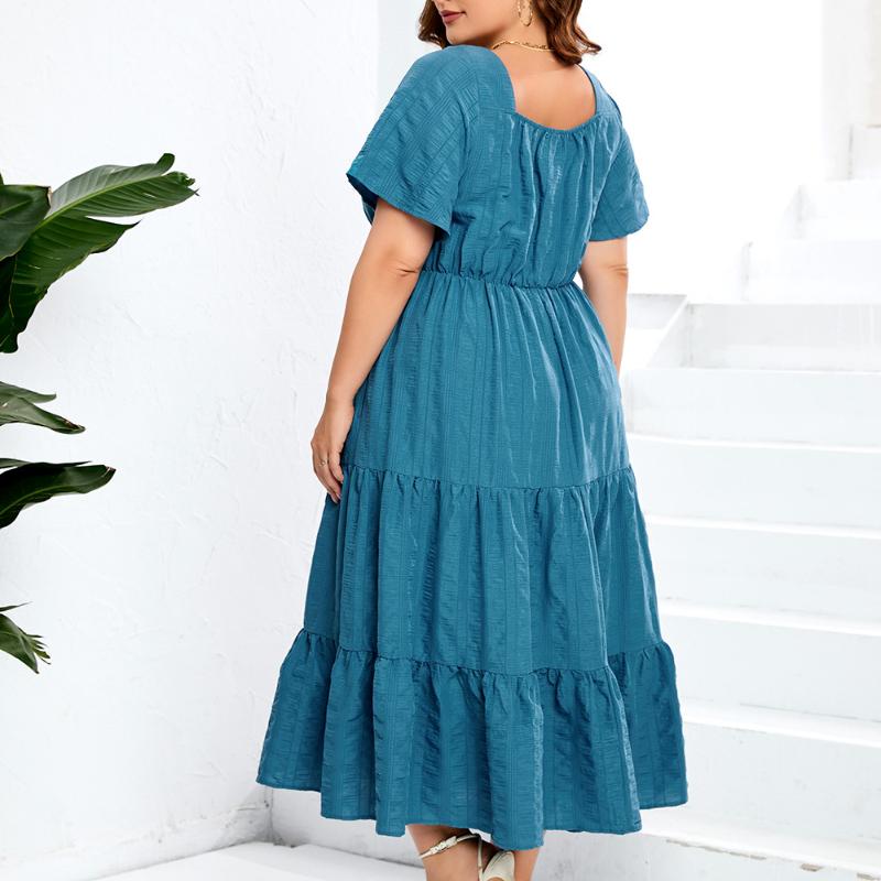 GMXIA V-Neck High Waist Dress Long Short Sleeve Plus Size Dresses