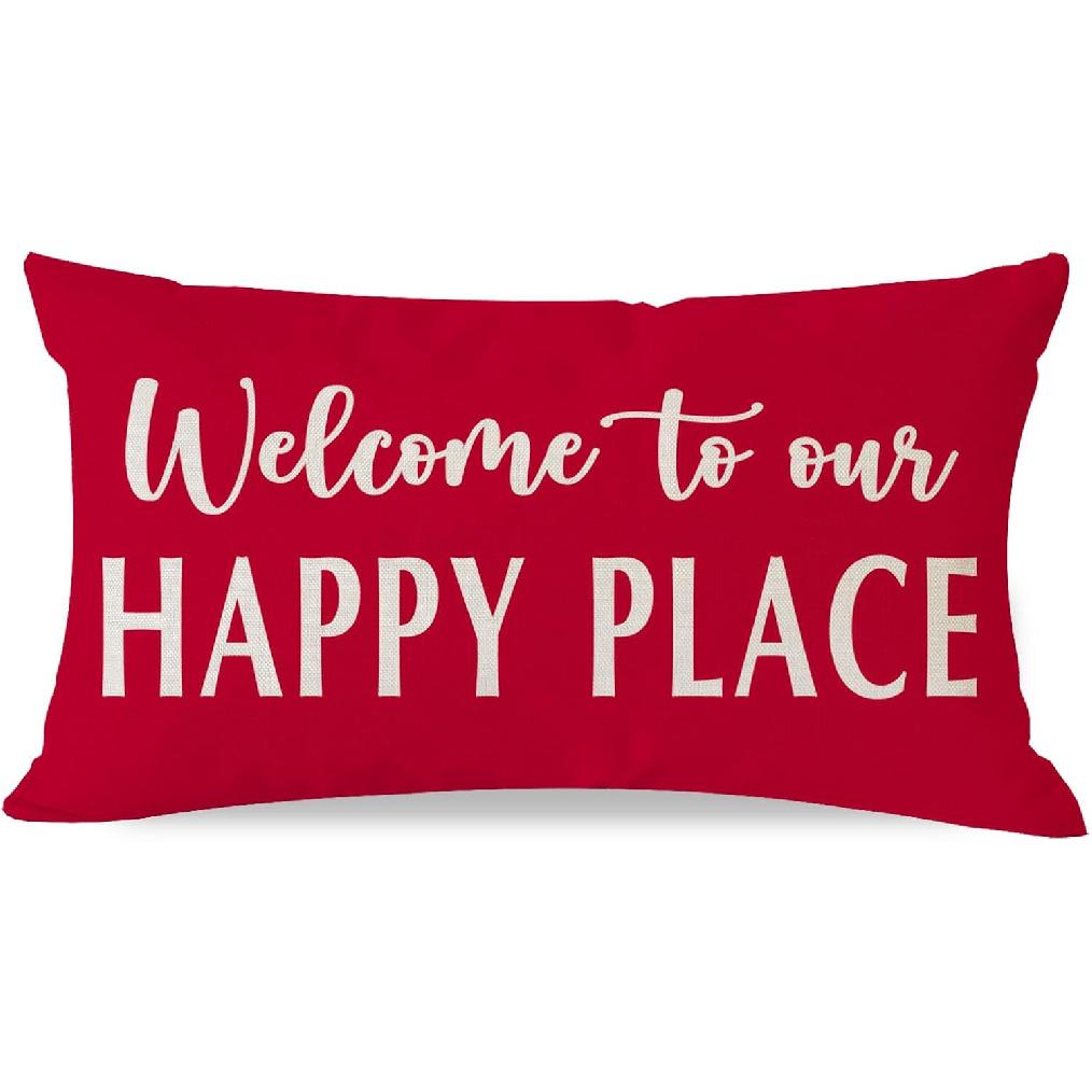 Decorative Throw Pillow Cover 12x20 Inch Welcome to Our Happy Place Black White Outdoor Modern Farmhouse Front Porch Patio Decor Lumbar Cushion Case