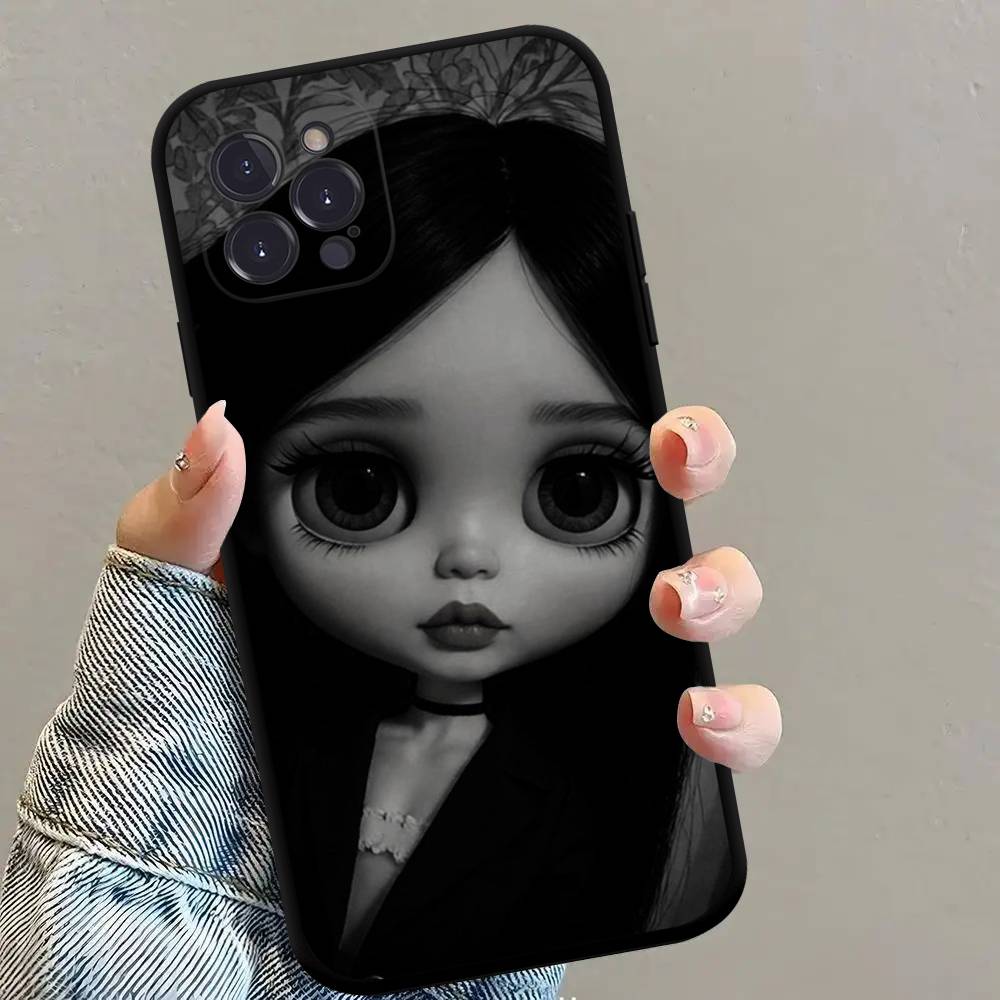 Dark Cute Girl Doll Black Matte Phone Case For iphone 17 Air 16 15 14 13 12 11 Pro Max Plus Back Cover TPU Soft Case