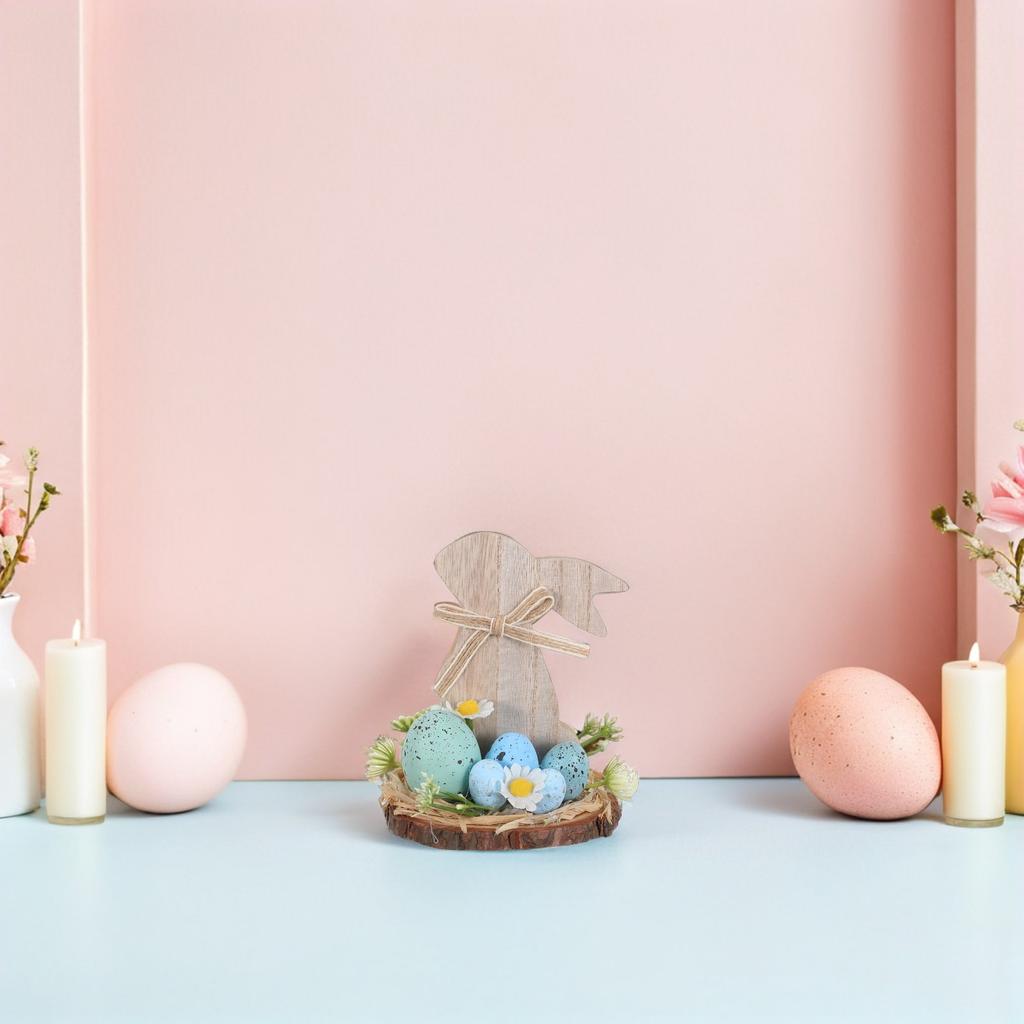Деревянная Пасхальная Зайка в стиле Рустик Фермерский Дом Настольное Украшение Кролик с Яйцами и Цветами Винтажный Деревянный Заяц Весенний Центр Стола