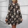 Women Spring Autumn Lantern Sleeve V Neck Flower Printed One Piece Dress