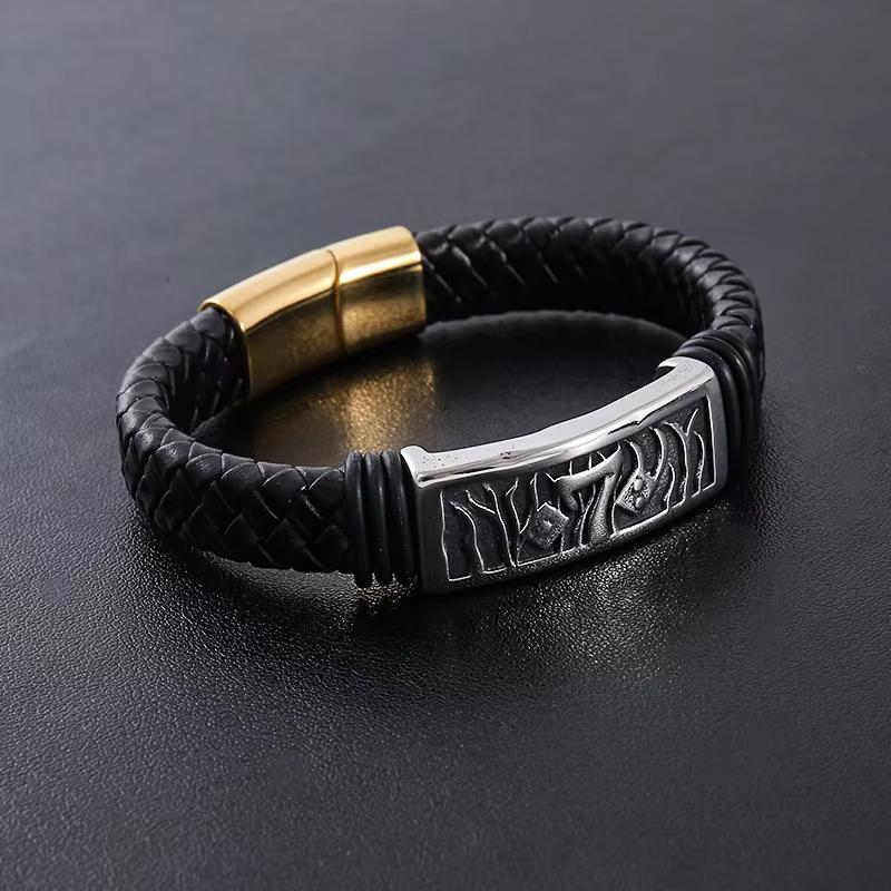 Punk 7 Grass Classic Leather Braided 18K Gold Plated Stainless Steel Fashion Jewelry Bracelets for Men Clasp