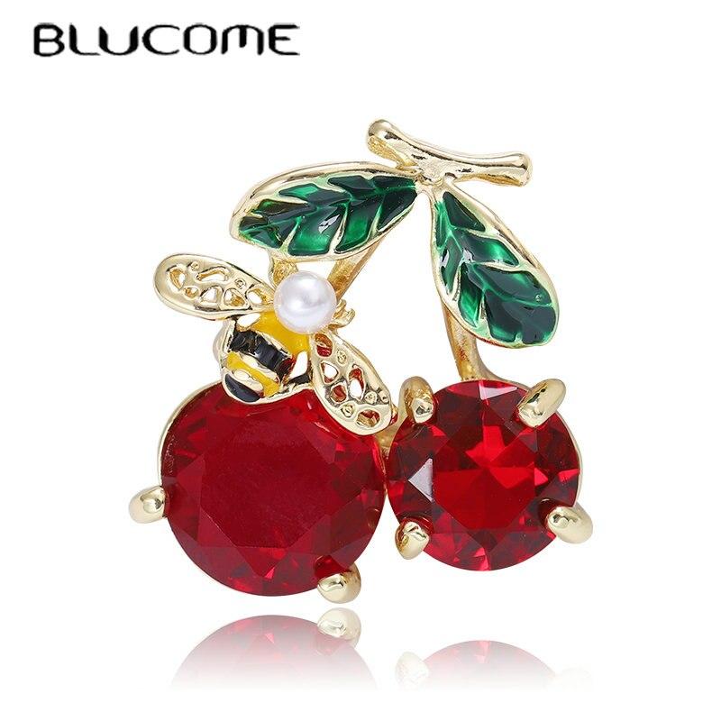 Blucome New Design Red Cherry Shape Brooch Gold Color Enamel Brooches Jewelry Pins Girl Christmas Gifts Scarf Hat Accessories