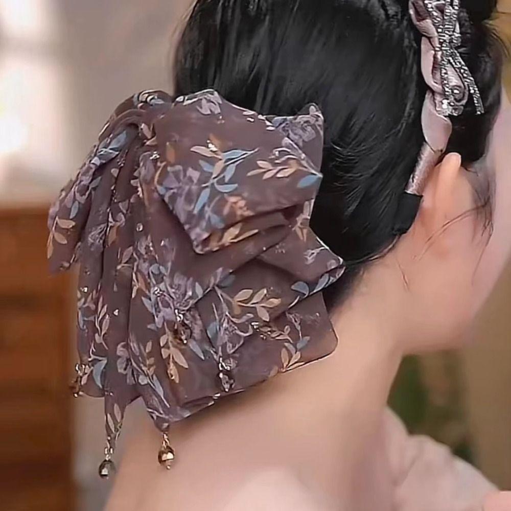 French Style Chiffon Hair Claw Large Women Hair Grab Clip Crystal Bow Shark Clip  Daily