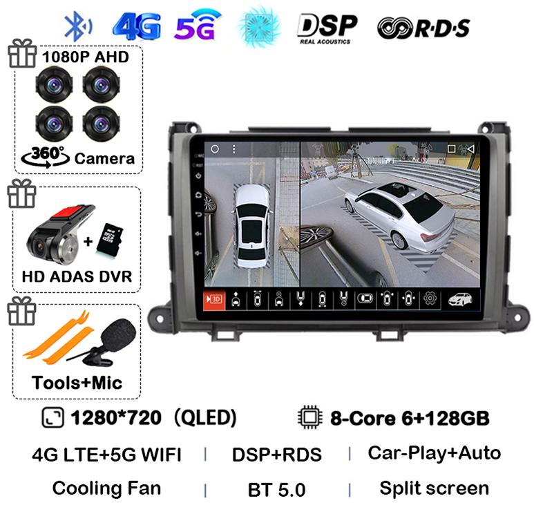 Android 14 Carplay автомобильный радиоплеер для Toyota Sienna 2009 2010 2011 2012 2013 2014 2Din мультимедиа Автомагнитола Навигация GPS DSP