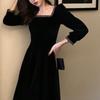 French Velvet Dress with Gold-Edged Square Collar – Hepburn Style, Black, Mid-Length, New for Spring/Autumn