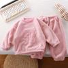 Boys Girls Kids Winter Solid Warm Sets Medium-Sized Children's Long-Sleeve Crew Neck Fleece-Lined Top + Pants Homewear Two-piece Set