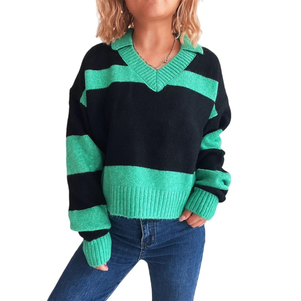 Women's Contrasting Striped Knitted Lapel Long Sleeved Pullover Sweater Top