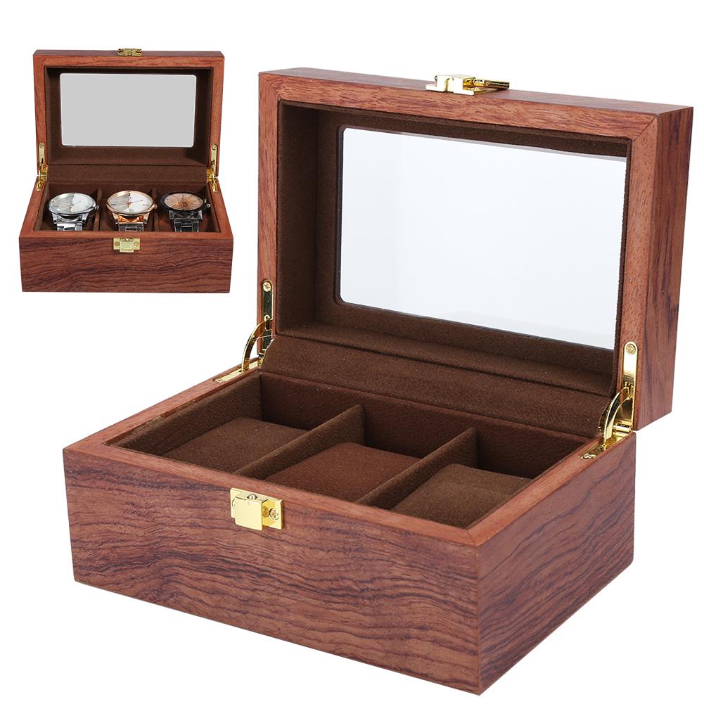 Wooden 3 Grid Watch Display Box Transparent Window Anti‑Slip Watch Storage Box