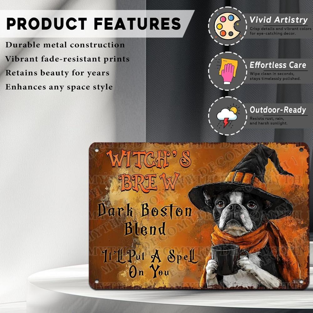 Boston Terrier Witch Brew Coffee Halloween Metal Tin Sign - Funny Rustic Dog Wall Decor for Home Vintage Retro Art
