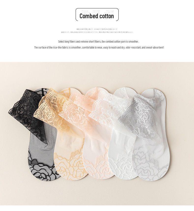 Women's Rose Lace Cotton Socks - Summer Breathable Short Thin Socks In Black