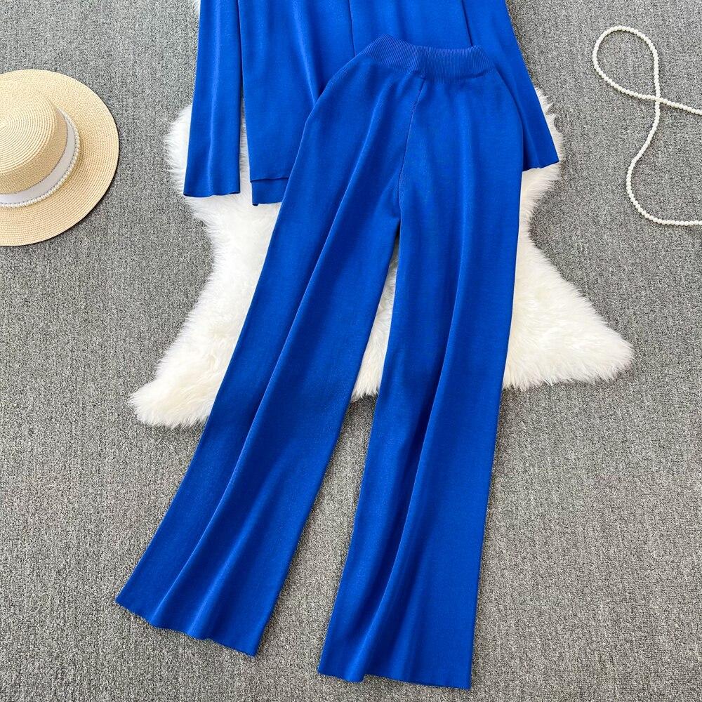 Fashion Collar Loose Long-sleeved Irregular Knit Tops High Waist Thin Straight Pants Two-piece Set