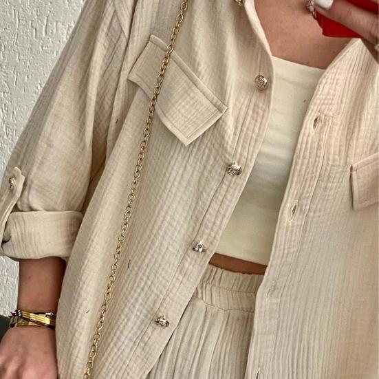 Летний костюм-двойка для женщин, рубашка оверсайз на пуговицах с длинным рукавом