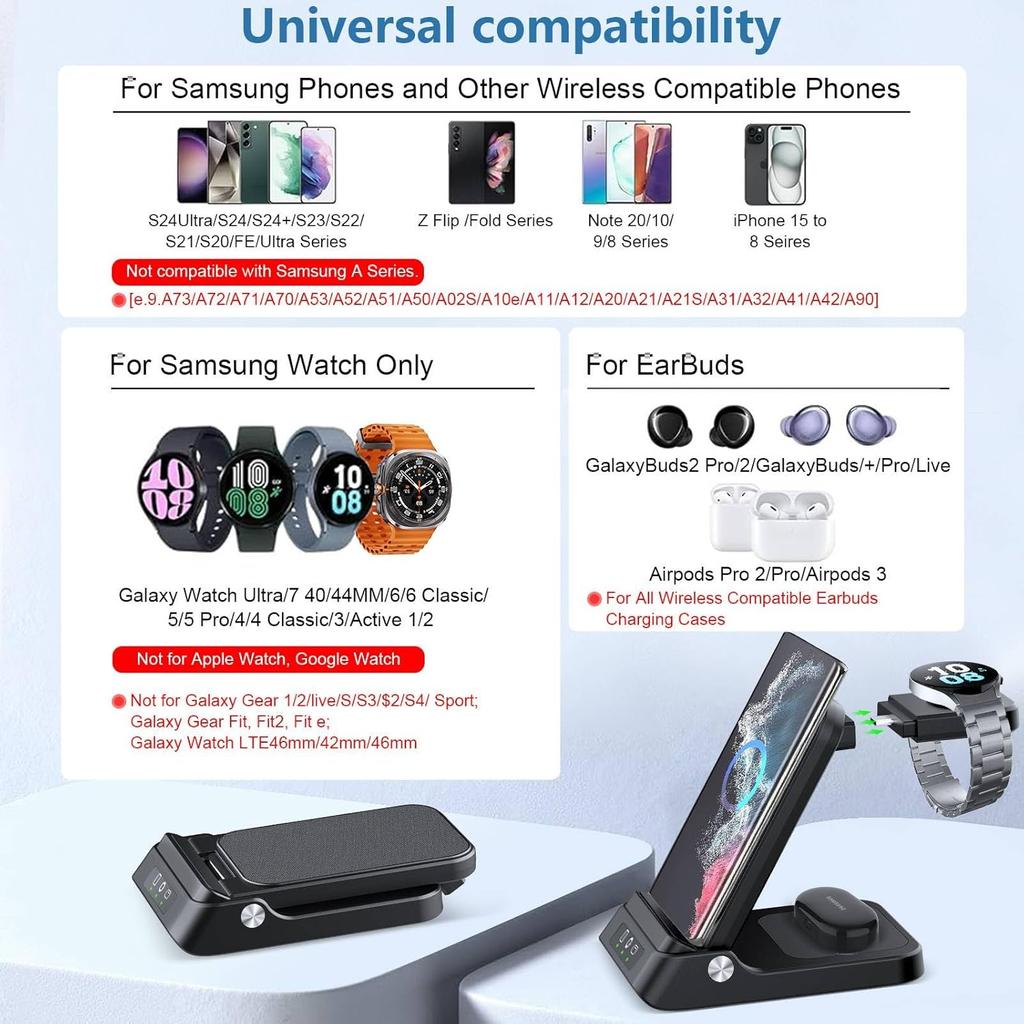 Беспроводное зарядное устройство для Samsung 3 в 1 Станция быстрой зарядки для Samsung Galaxy S24/23/22/21 для Galaxy Watch 6/5/4/3 и Active 2