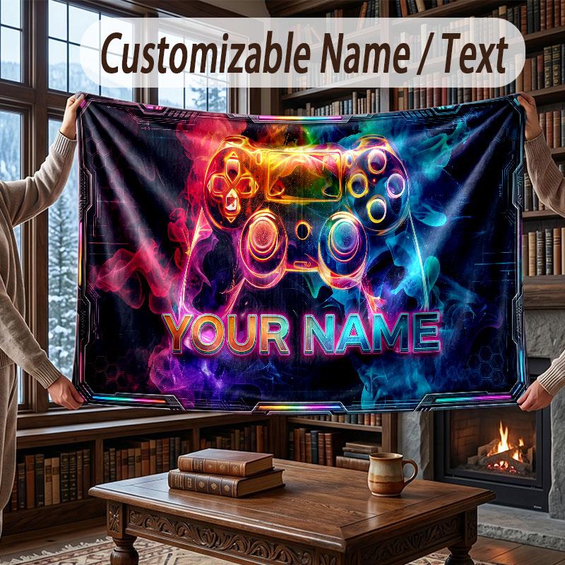 Game Controller Theme Throw Blanket Custom Name Text Personalized Blanket Soft Cozy Blanket for Home Sofa Bed