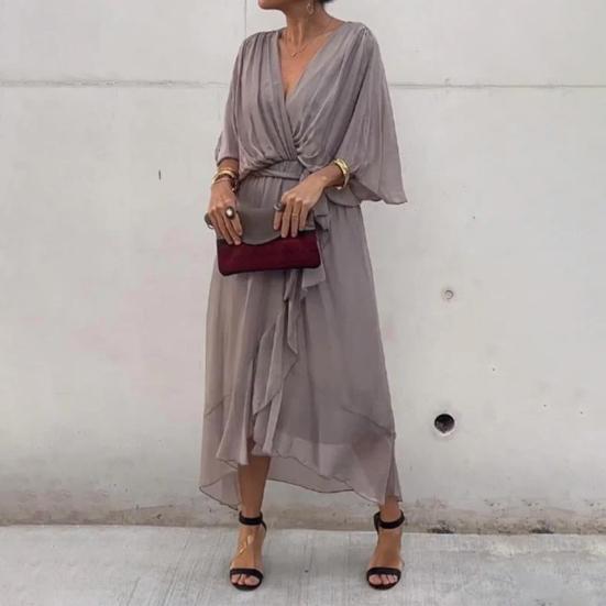 Вечернее платье с рукавами «летучая мышь», неровным оборчатым подолом, V-образным вырезом, шнуровкой на талии, плиссированным однотонным платьем миди из тонкой ткани для выпускного вечера