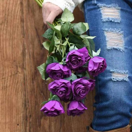 10Pcs Artificial Rose with Green Leaves Fake Silk Flower Wedding Halloween Party